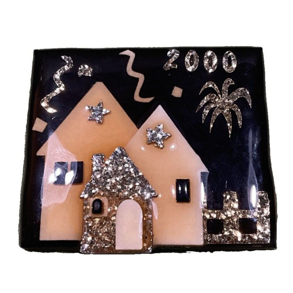 Vintage Y2K House Pins by Lucinda Brooch New Years Eve 2000 Glitter Fireworks